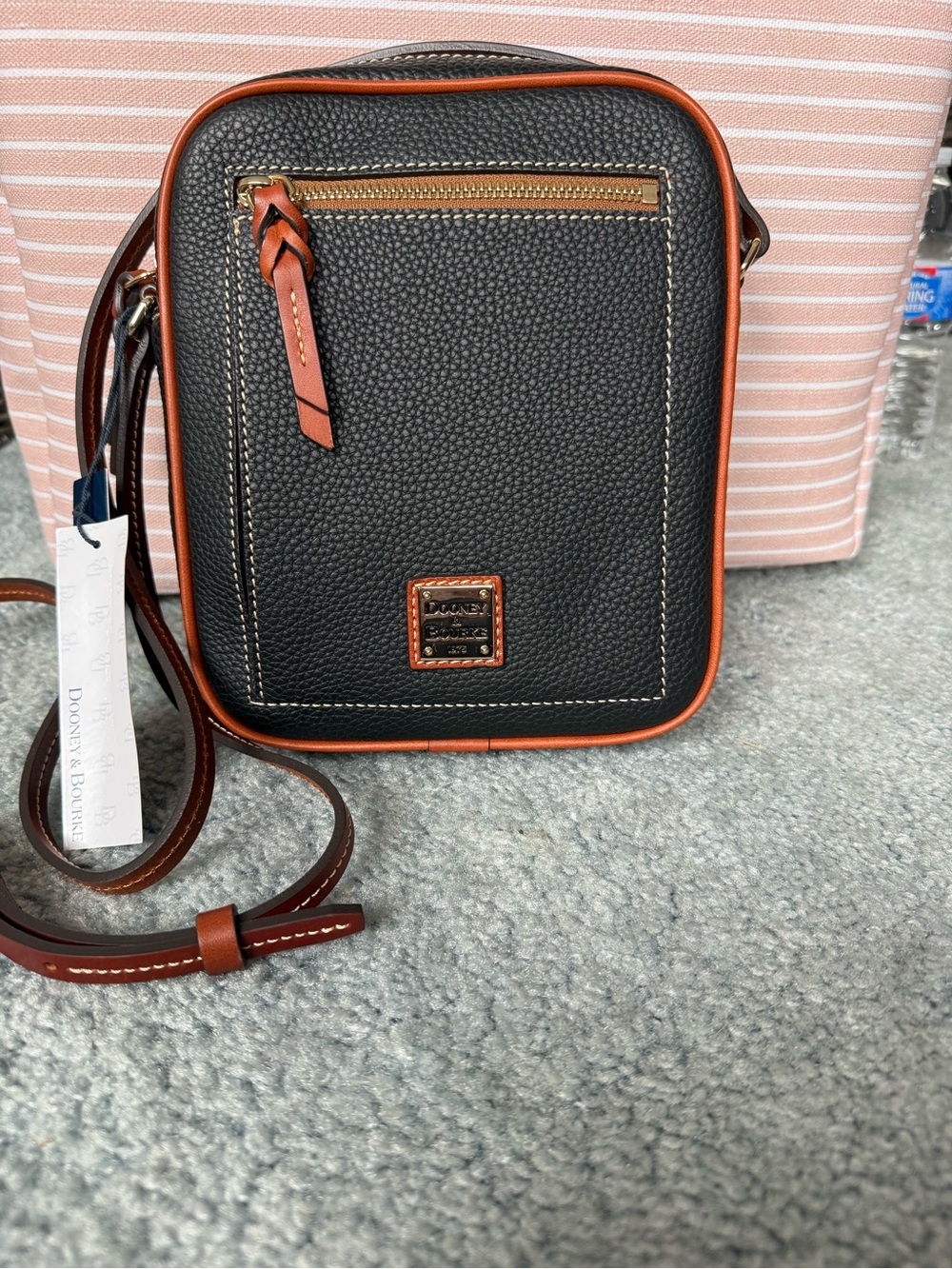 Dooney & Bourke Black Pebbled Leather Crossbody with Brown Trim